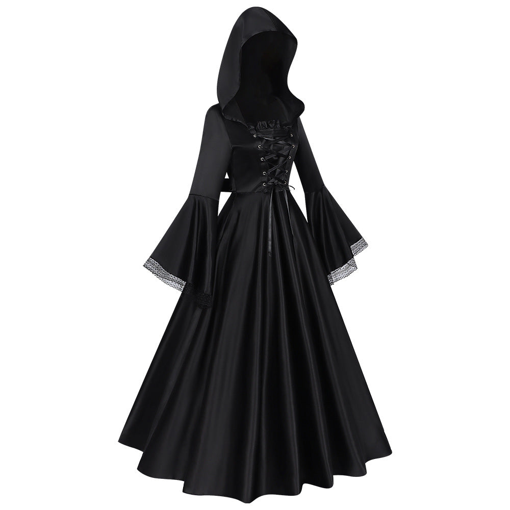 Midnight Gothic Hooded Long Dress | Medieval Witch & Renaissance Cosplay Costume