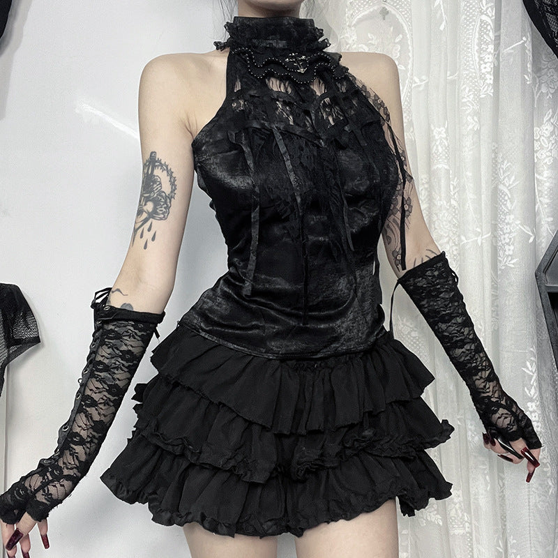 Street Style Gothic Ruffled Rose Strap Top with Spiderweb Bow Neckline for Women