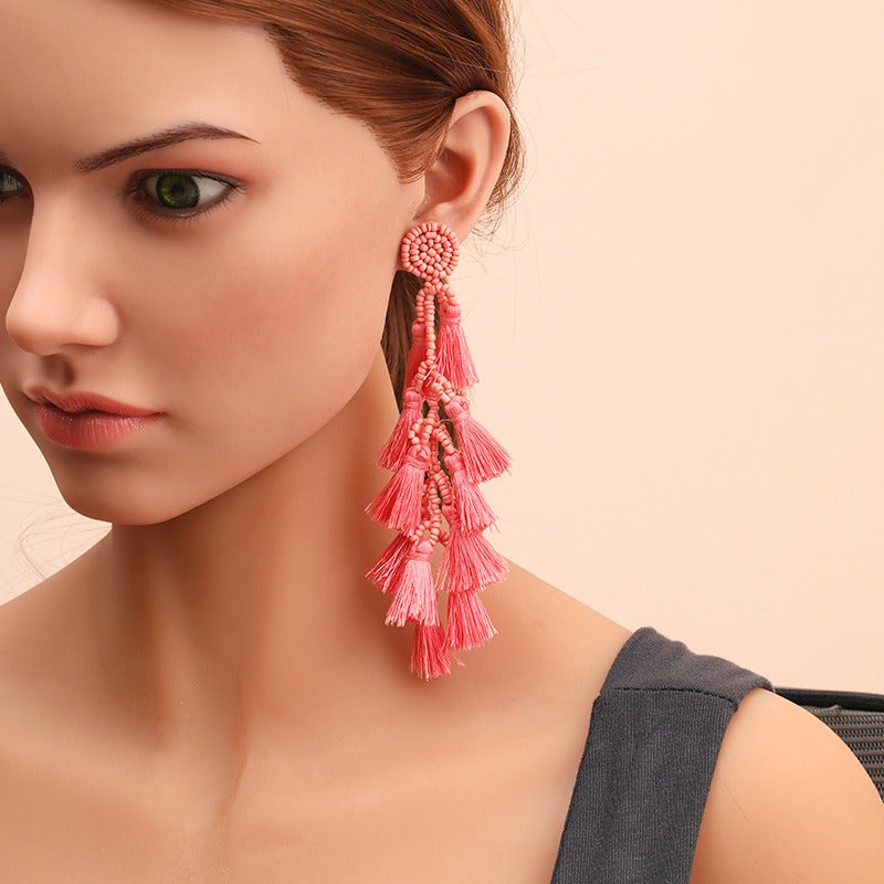 Rice Bead Cascading Tassel Drop Earrings | Long Boho Statement Earrings