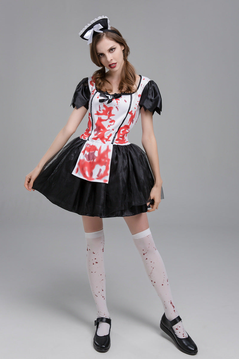 Horror Print Halloween Cosplay Costume Set | Black Floral Skirt & Hair Clip