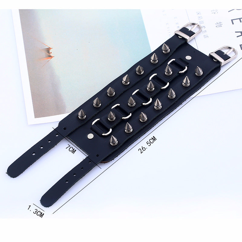 Exaggerated Punk Genuine Leather Bracelet | Handmade Wide Cuff