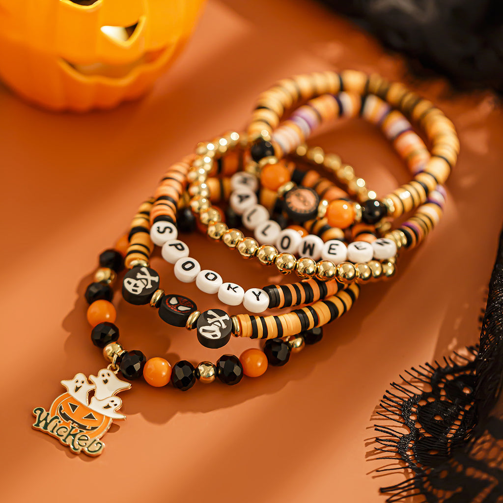 Gothic Pumpkin Multi-Layer Bracelet Set | Punk Alloy Ceramic Halloween Jewelry