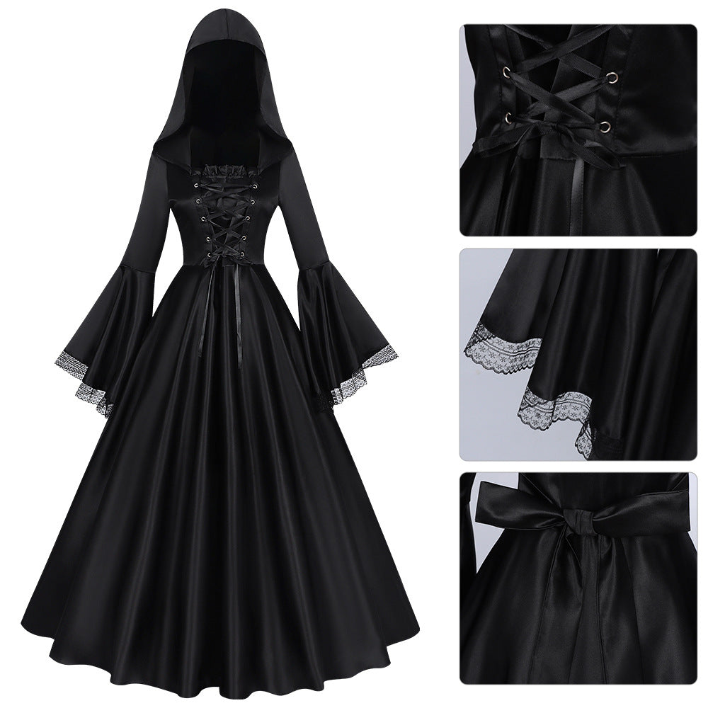 Midnight Gothic Hooded Long Dress | Medieval Witch & Renaissance Cosplay Costume