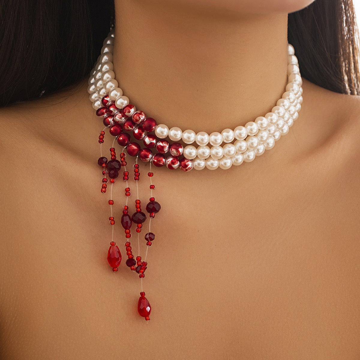 Gothic style pearl necklace choker creative Halloween blood drop tassel collarbone necklace