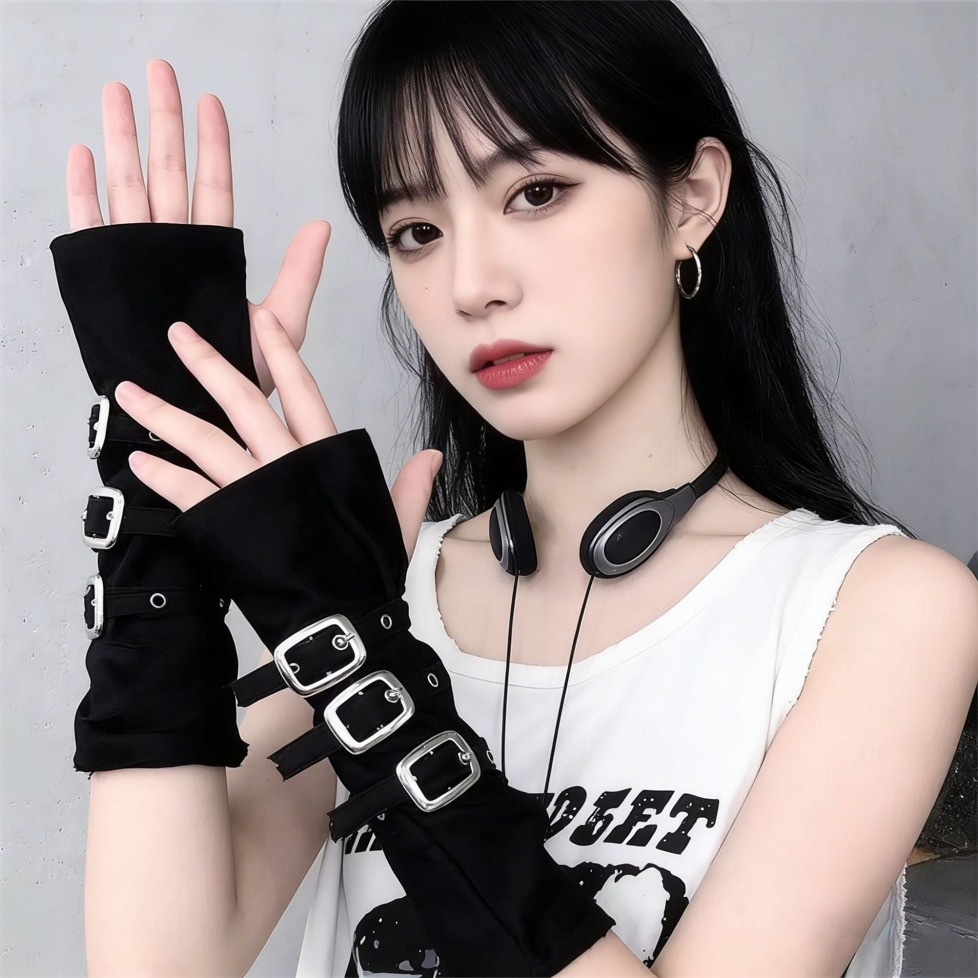 Punk Gothic Fingerless Gloves | Metal Buckle Arm Sleeves | Dark Cosplay & Sun Protection