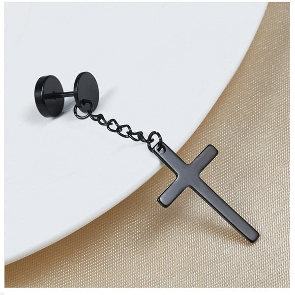 Punk Gothic Stainless Steel Stud Earring | Cross & Round Fake Ear Taper | Black, Gold, Silver