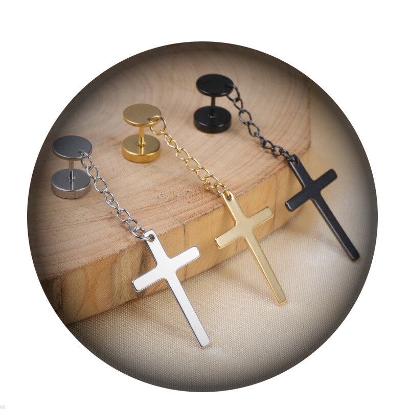 Punk Gothic Stainless Steel Stud Earring | Cross & Round Fake Ear Taper | Black, Gold, Silver