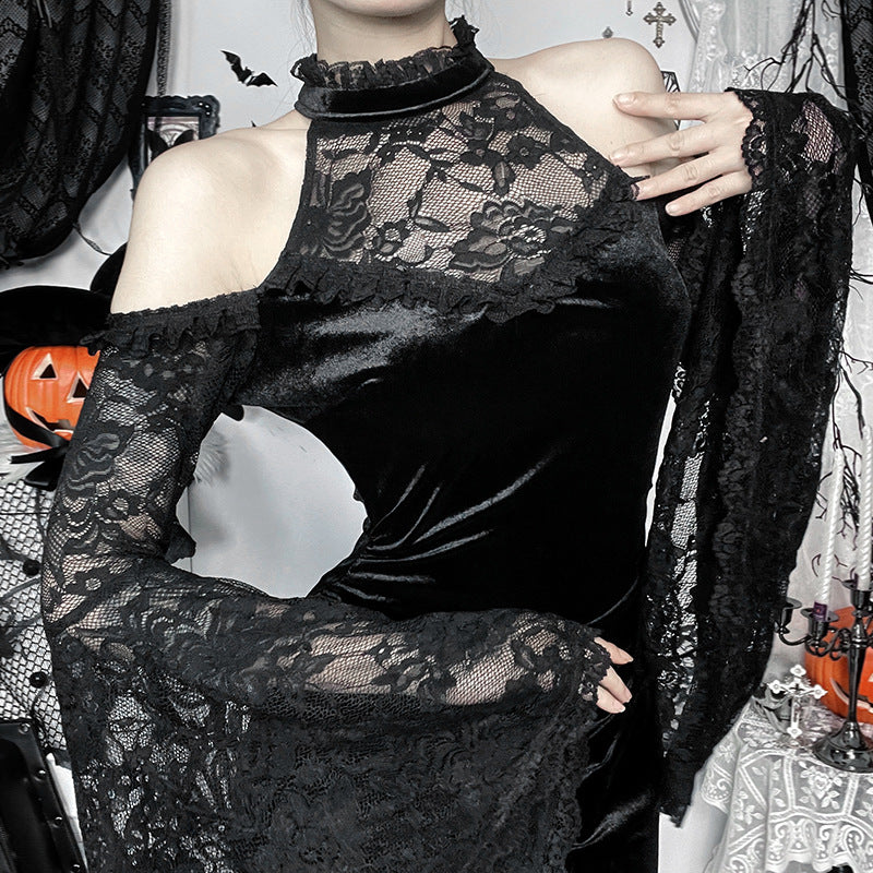 Gothic Witch Maxi Dress – Halter Flared Sleeve Bodycon