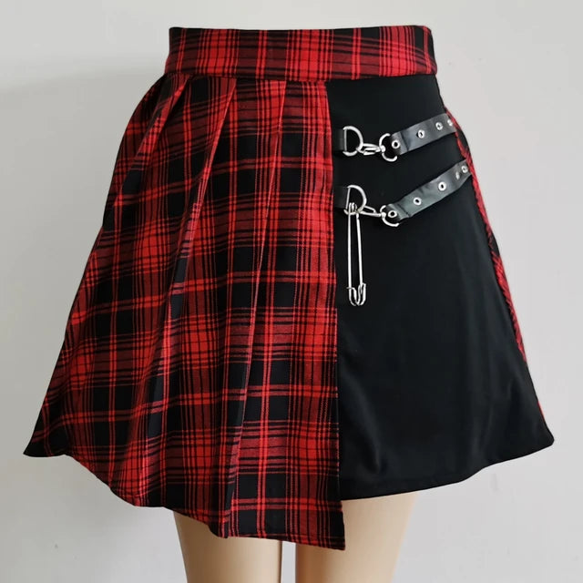 Gothic Plaid & Black Asymmetric Mini Skirt | High Waist with Hardware Belt Detail
