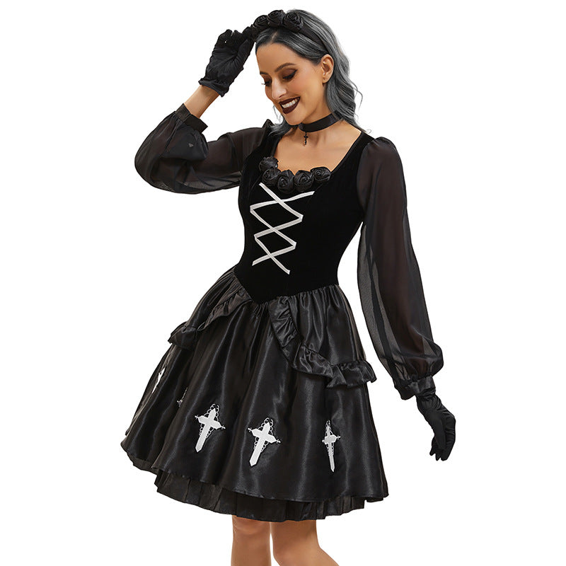 Gothic Ghost Bride Costume Set | 4-Piece Dark Witch Vampire Outfit | Halloween Women's Dress | M–XL