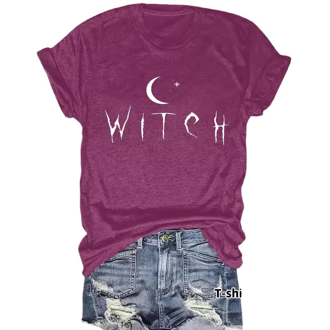 Witch Pattern Round Neck Short Sleeve Tee