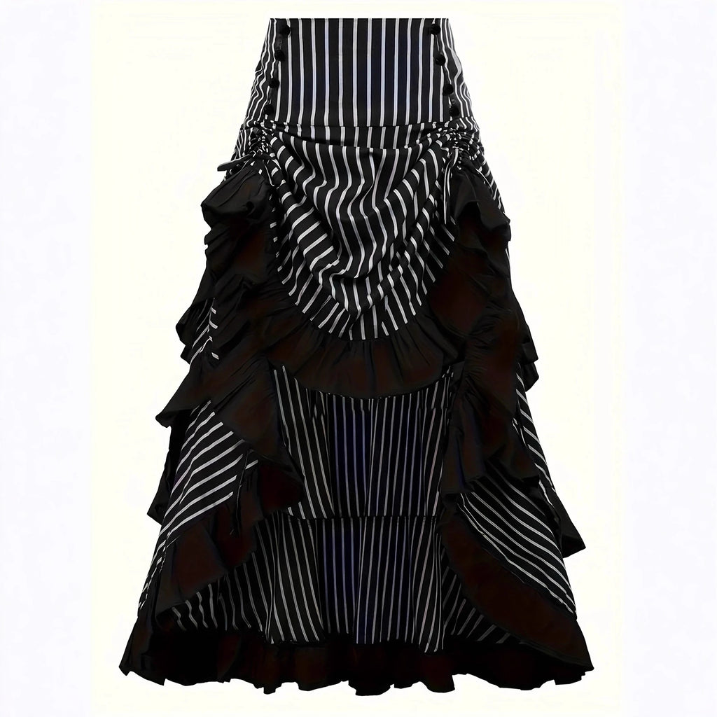 Gothic Vintage Asymmetric Ruffle Skirt | A-Line Color Block Midi | Black S–XXL