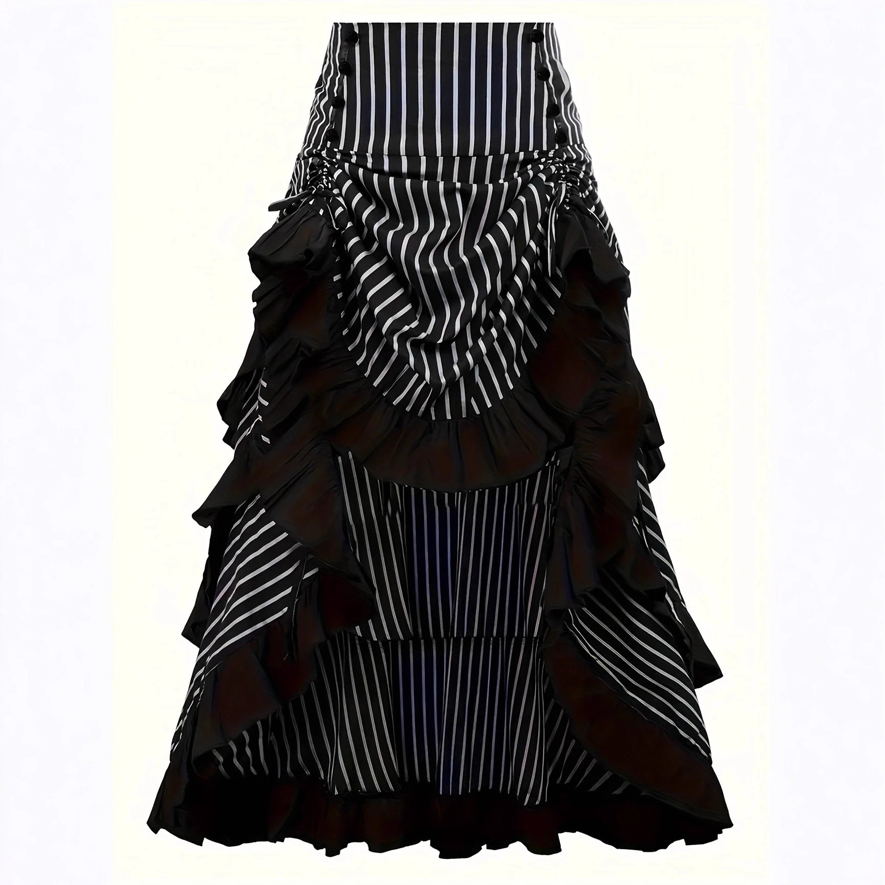Gothic Vintage Asymmetric Ruffle Skirt | A-Line Color Block Midi | Black S–XXL