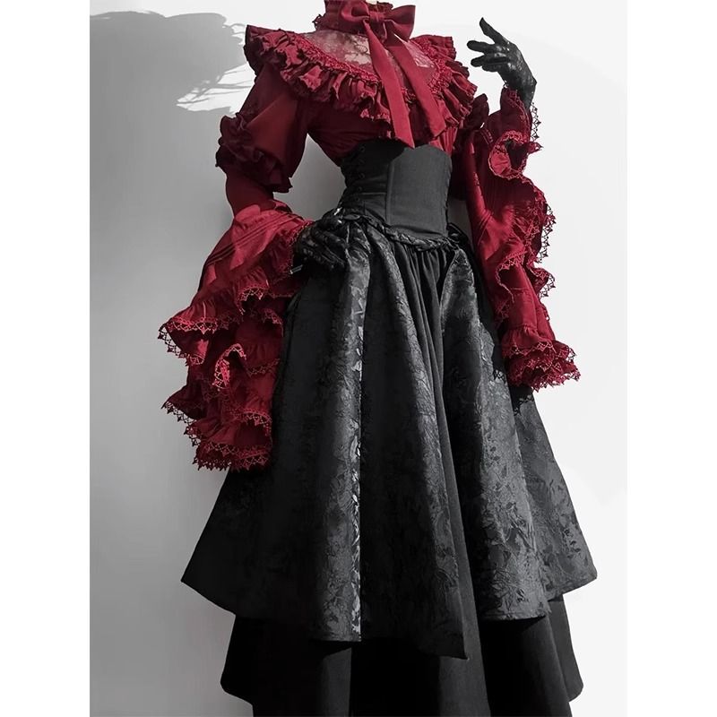 Gothic Lolita Corset Shirt & A-Line Skirt Set | Princess Sleeve Two-Piece Outfit