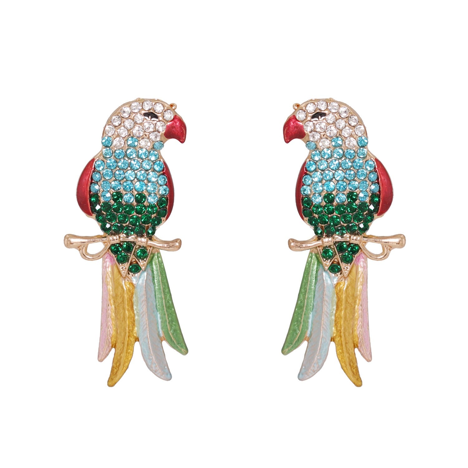 Retro full diamond colored cute animal bird lady earrings and earrings