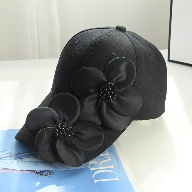 3D Pearl Flower Baseball Cap | Korean Style Cotton Sun Hat | Black & White