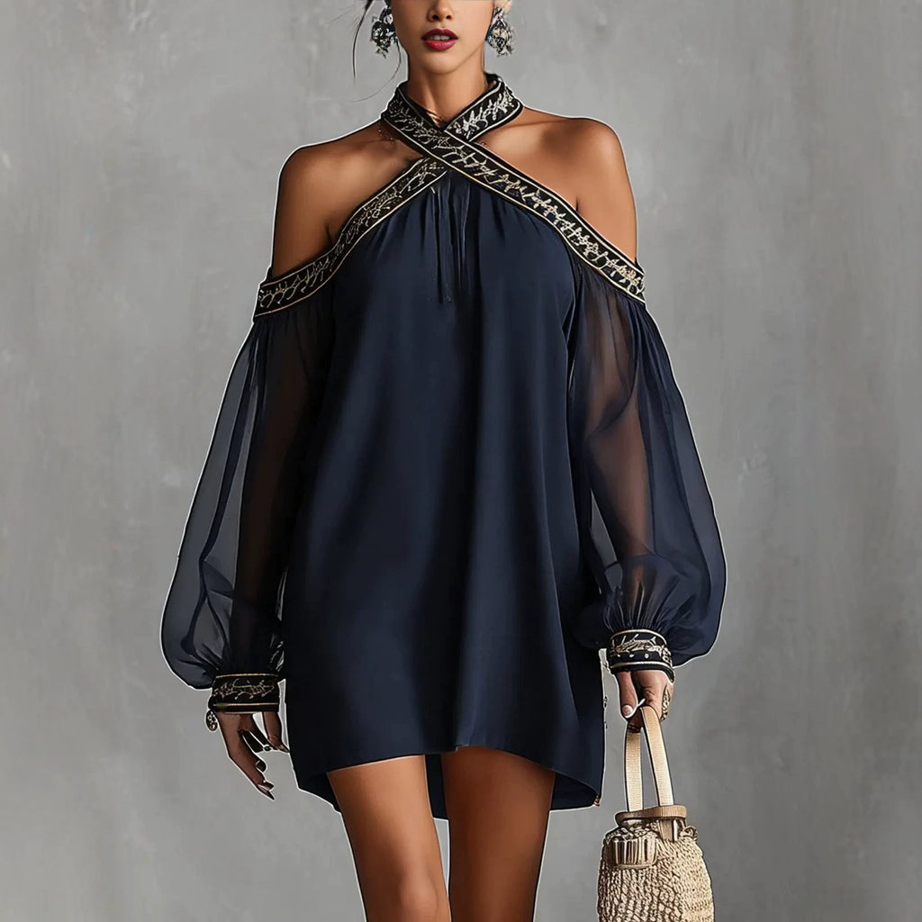 🌊 Embroidered Off-Shoulder Lantern Sleeve Resort Dress