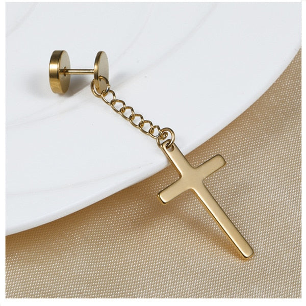 Punk Gothic Stainless Steel Stud Earring | Cross & Round Fake Ear Taper | Black, Gold, Silver