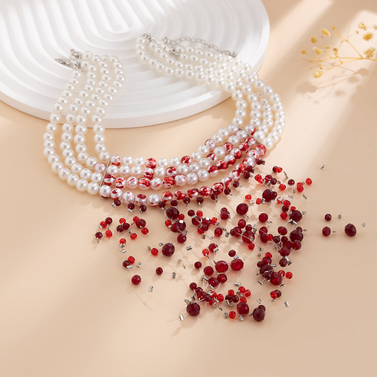 Gothic Pearl Blood Drop Tassel Choker – Crystal Collarbone Chain