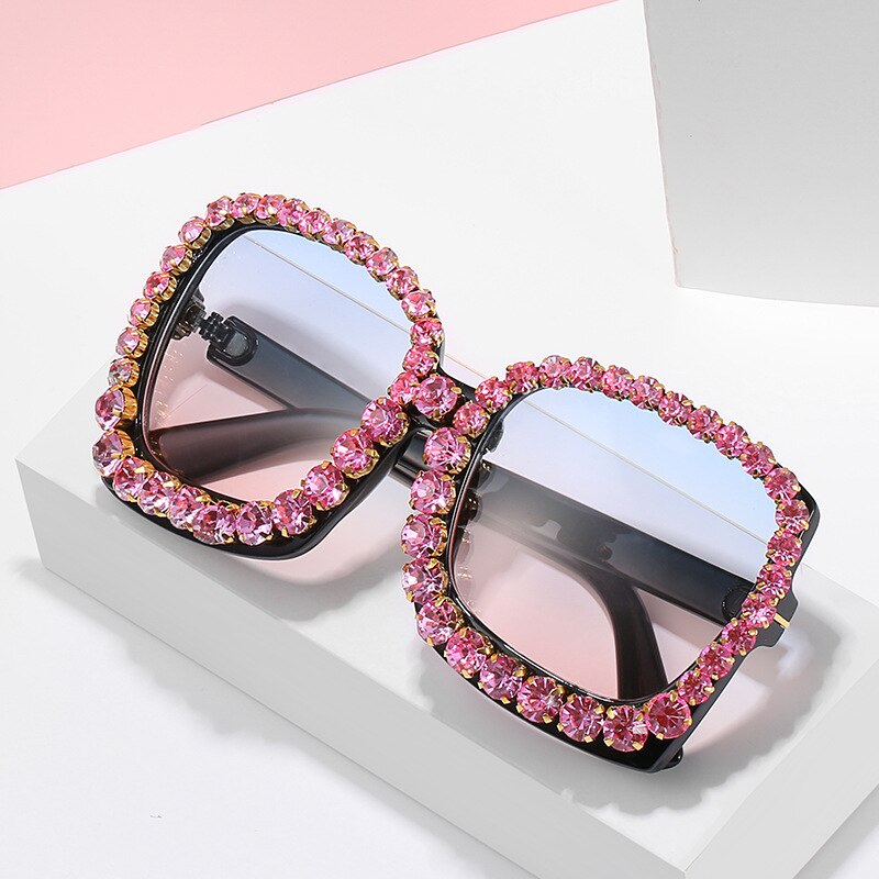 Oversized Square Rhinestone Crystal Sunglasses | Vintage Luxury UV400 | Black, Silver, Pink, Purple