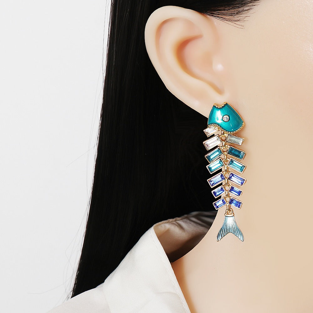 Sea Witch Fish Bone Crystal Dangle Earrings