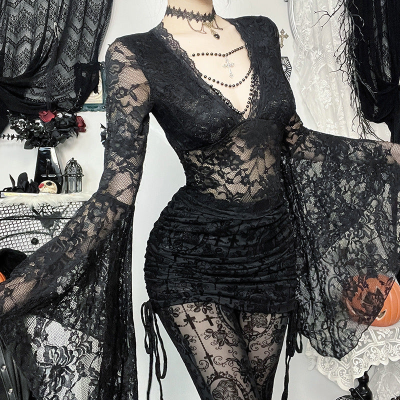 Gothic Lace V-Neck Flare Sleeve Top