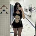 Gothic Dark Skeleton Print Mini Skirt – High Waist Knit