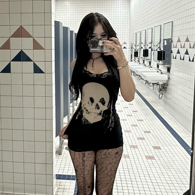 Gothic Dark Skeleton Print Mini Skirt – High Waist Knit