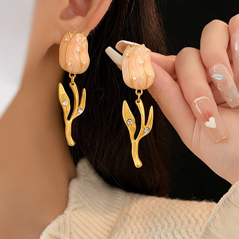 Gold Tulip Pearl Drop Earrings