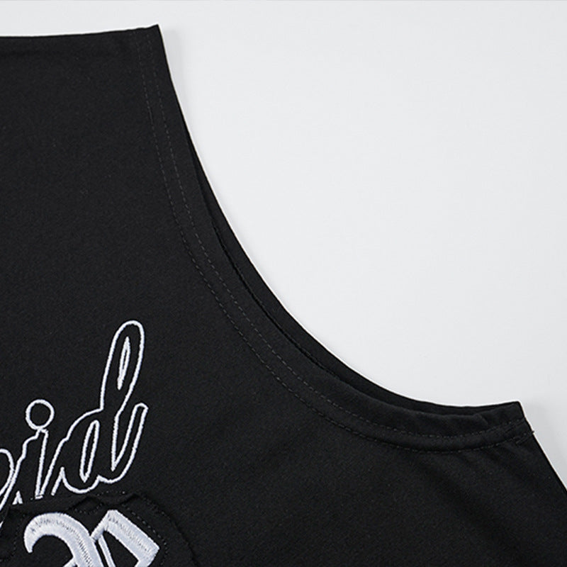 Gothic Cross Letter Embroidered Wide-Shoulder Vest