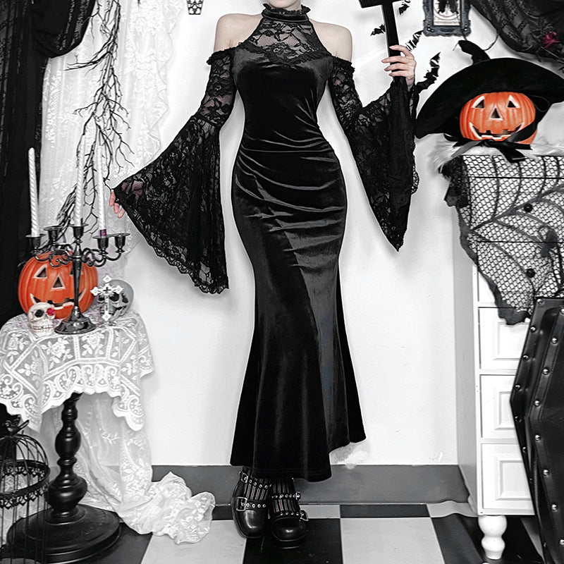 Gothic Witch Maxi Dress – Halter Flared Sleeve Bodycon