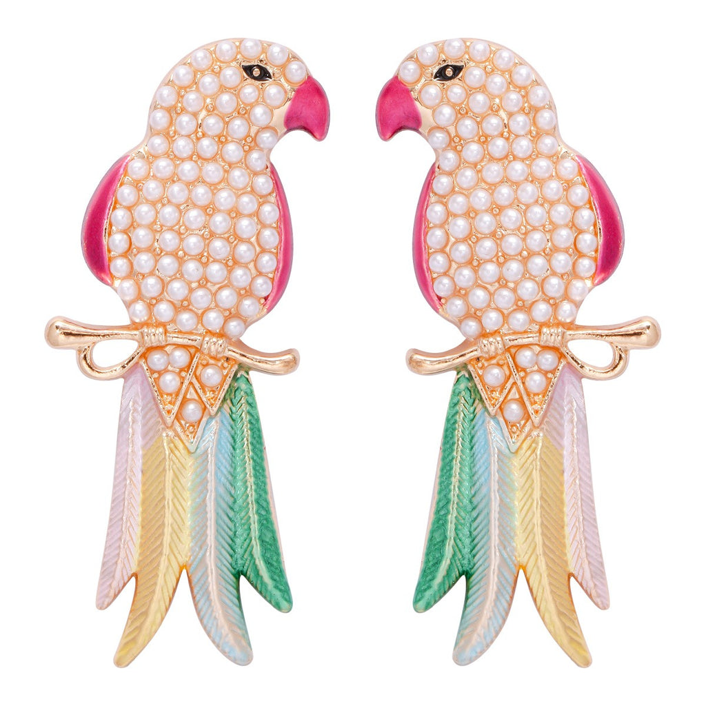 Retro full diamond colored cute animal bird lady earrings and earrings