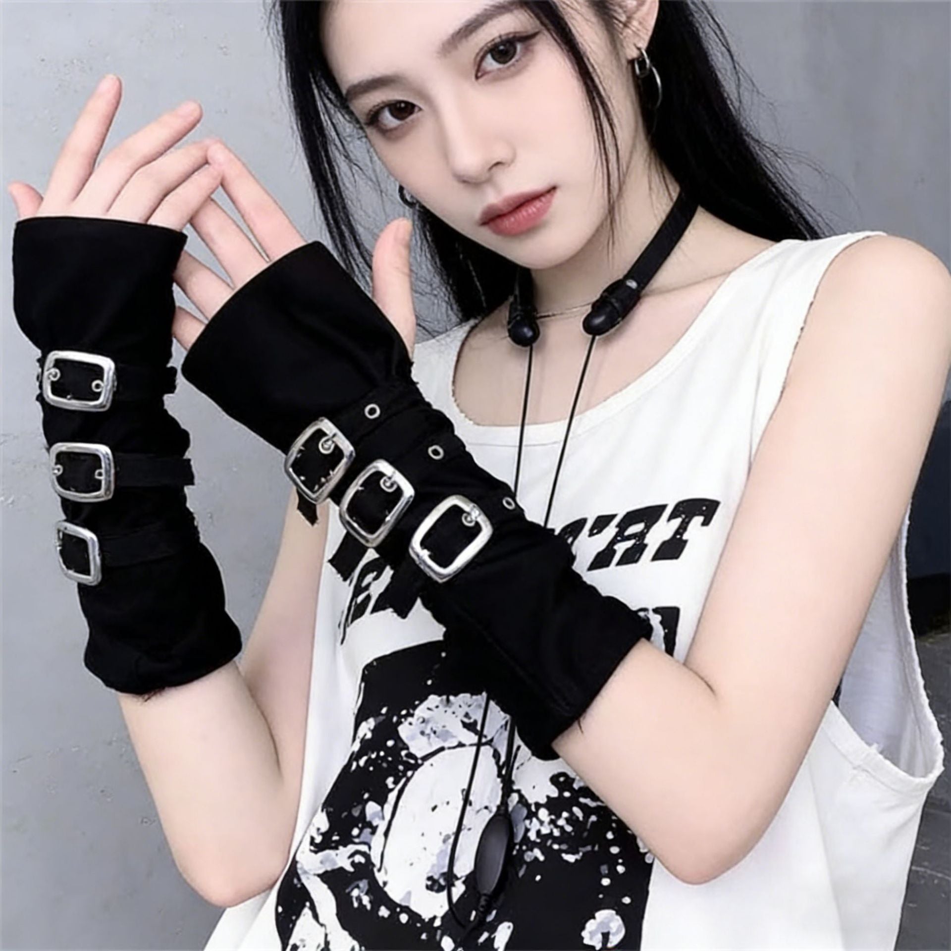 Punk Gothic Fingerless Gloves | Metal Buckle Arm Sleeves | Dark Cosplay & Sun Protection