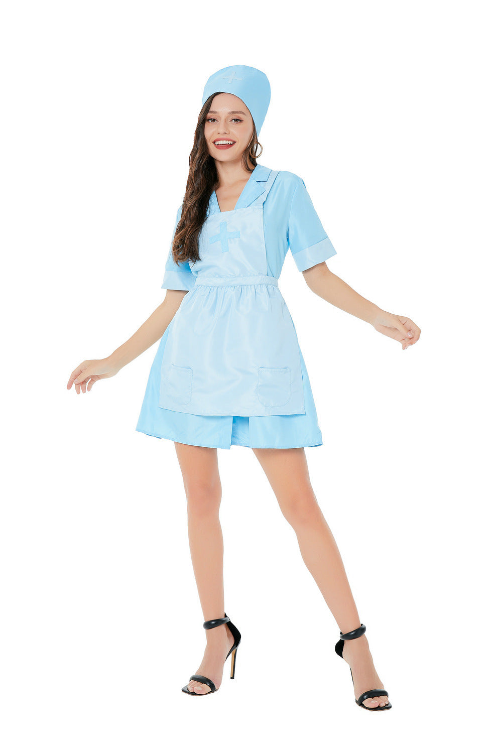 Halloween Nurse Costume Set | Light Blue Roleplay Uniform with Headwear & Apron