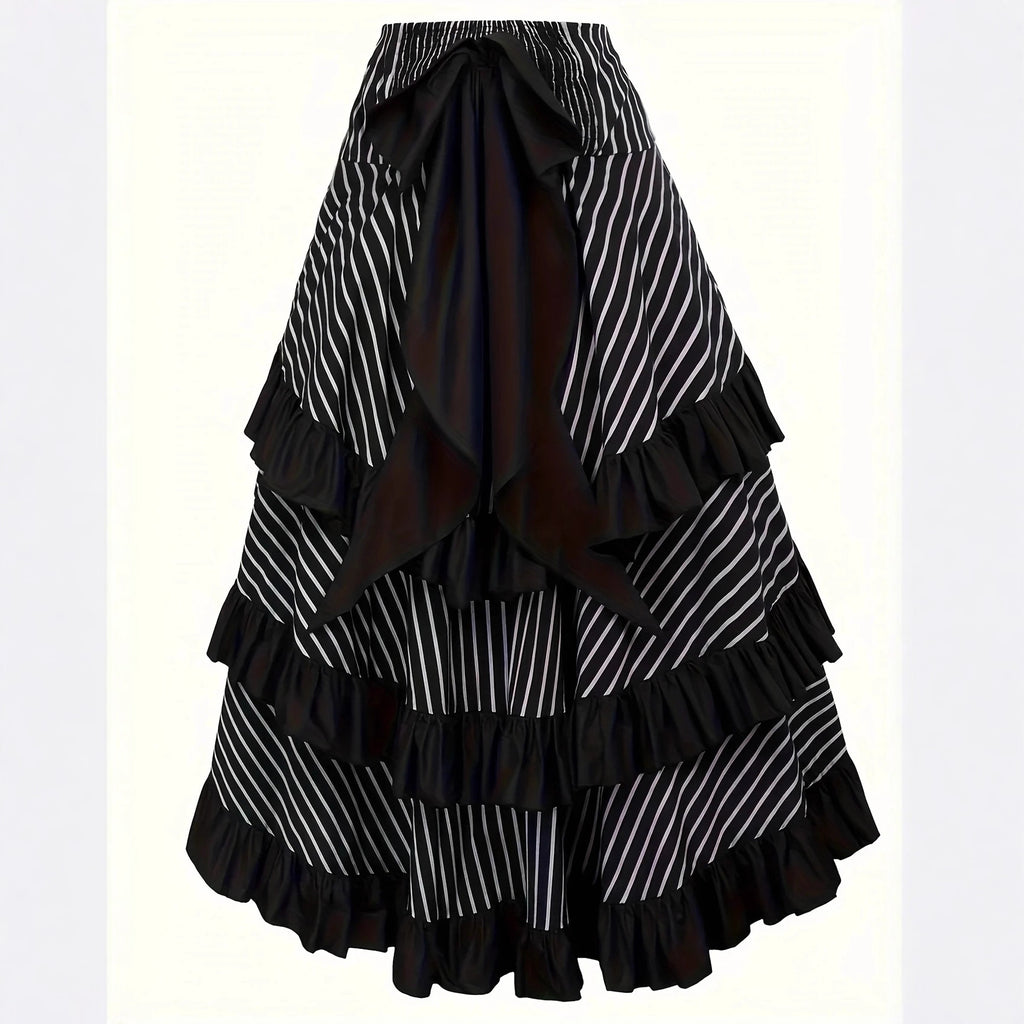 Gothic Vintage Asymmetric Ruffle Skirt | A-Line Color Block Midi | Black S–XXL