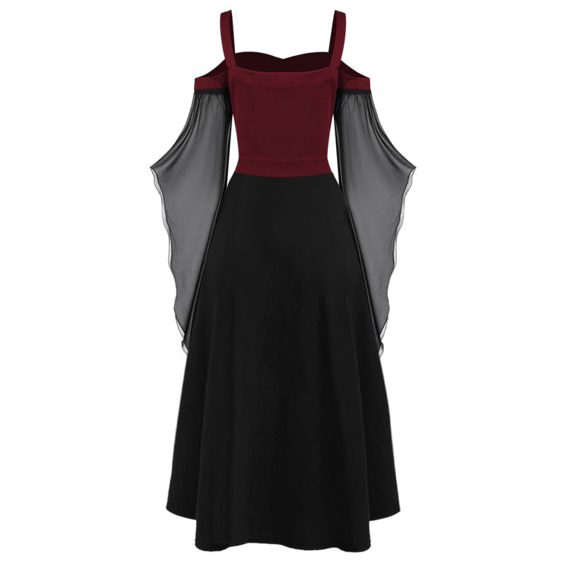 Plus Size Gothic Off-Shoulder Witch Dress | Flared Sleeve Chiffon Maxi Dress