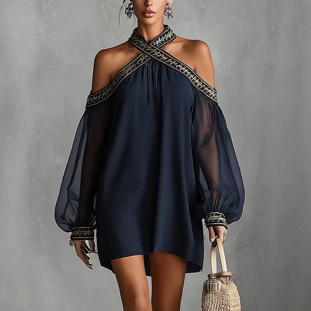 🌊 Embroidered Off-Shoulder Lantern Sleeve Resort Dress