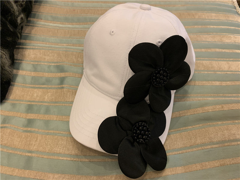 3D Pearl Flower Baseball Cap | Korean Style Cotton Sun Hat | Black & White