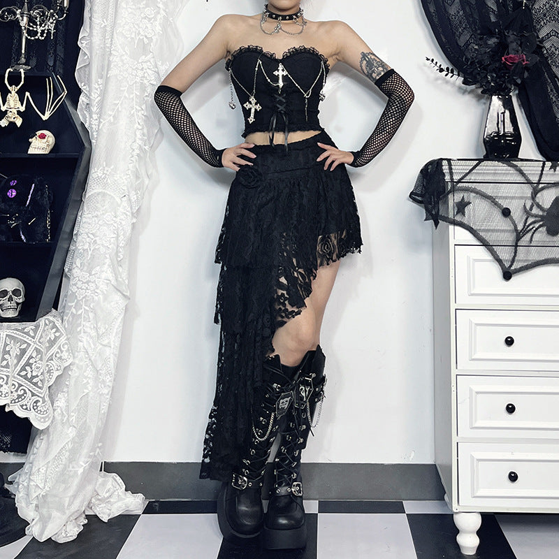 Gothic Cross Chain Strapless Crop Top