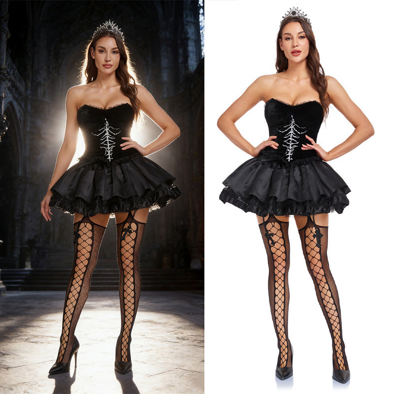 Gothic Black Widow Rose Mini Dress Set | Puff Sleeve Witch Vampire Halloween Costume