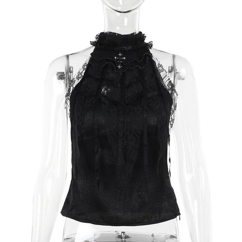 Street Style Gothic Ruffled Rose Strap Top with Spiderweb Bow Neckline for Women