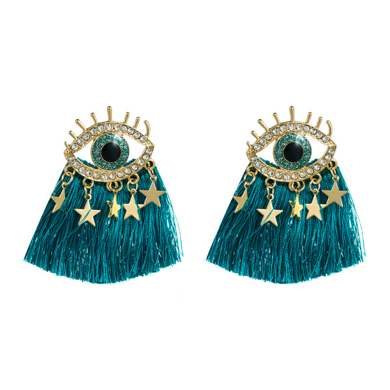 Devil Eyes Diamond Tassel Earrings | Alloy Statement Earrings in Black & Blue