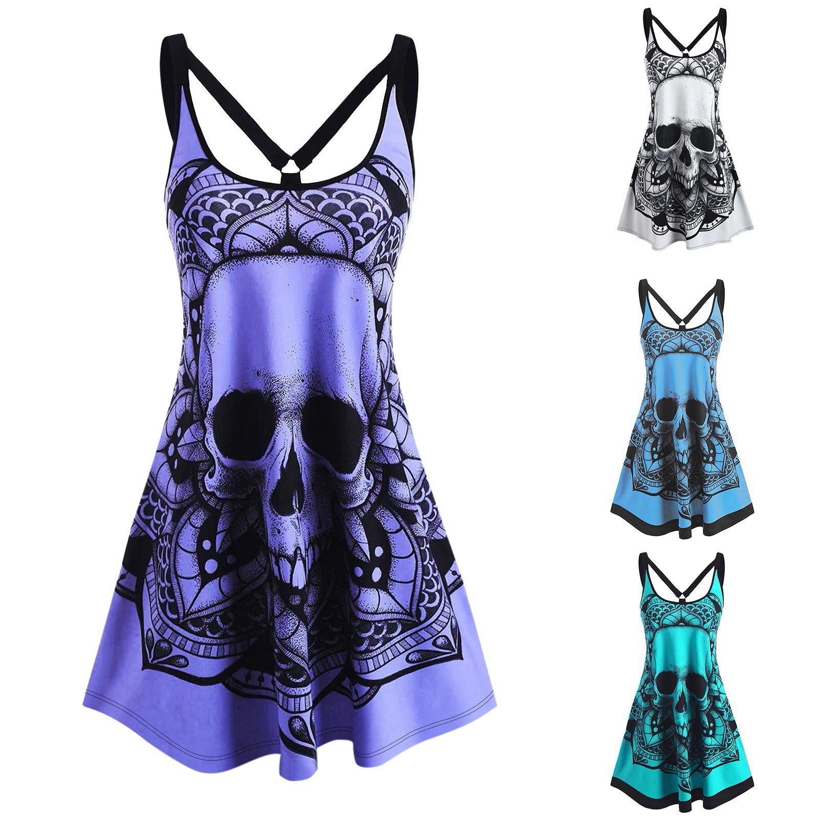 Gothic Backless Printed Tank Dress | Sleeveless Casual Dress for Halloween & Everyday Wear