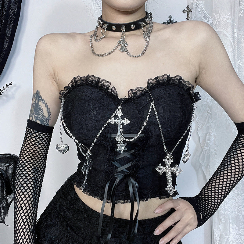 Gothic Cross Chain Strapless Crop Top