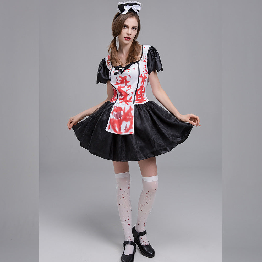 Horror Print Halloween Cosplay Costume Set | Black Floral Skirt & Hair Clip