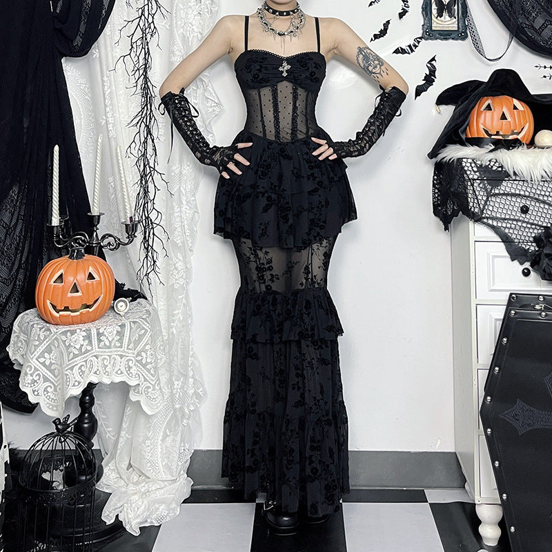 Gothic Chiffon Strap Bodycon Maxi Dress
