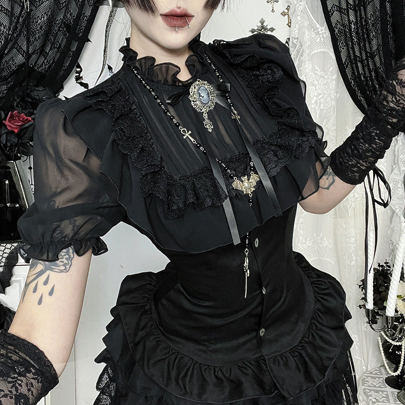Gothic Dark Style Stand Collar Short Top