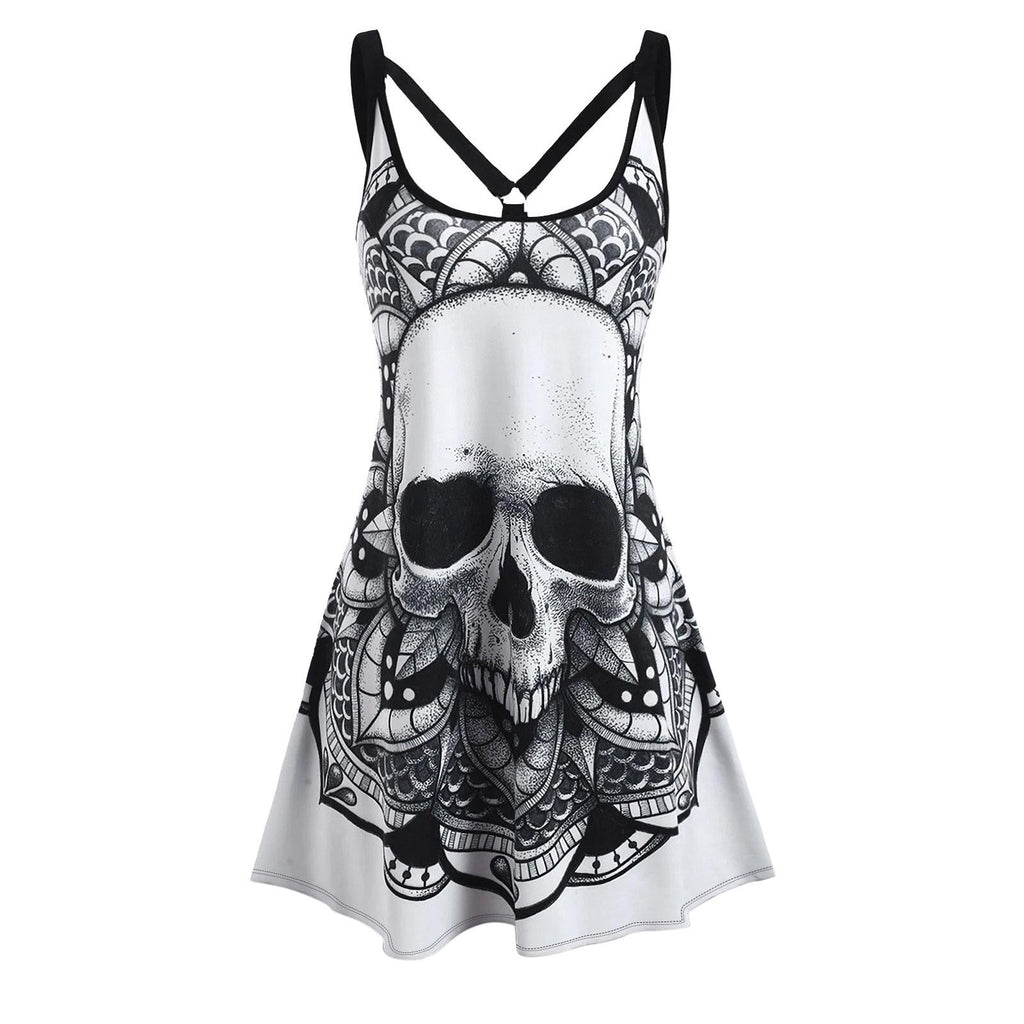 Gothic Backless Printed Tank Dress | Sleeveless Casual Dress for Halloween & Everyday Wear