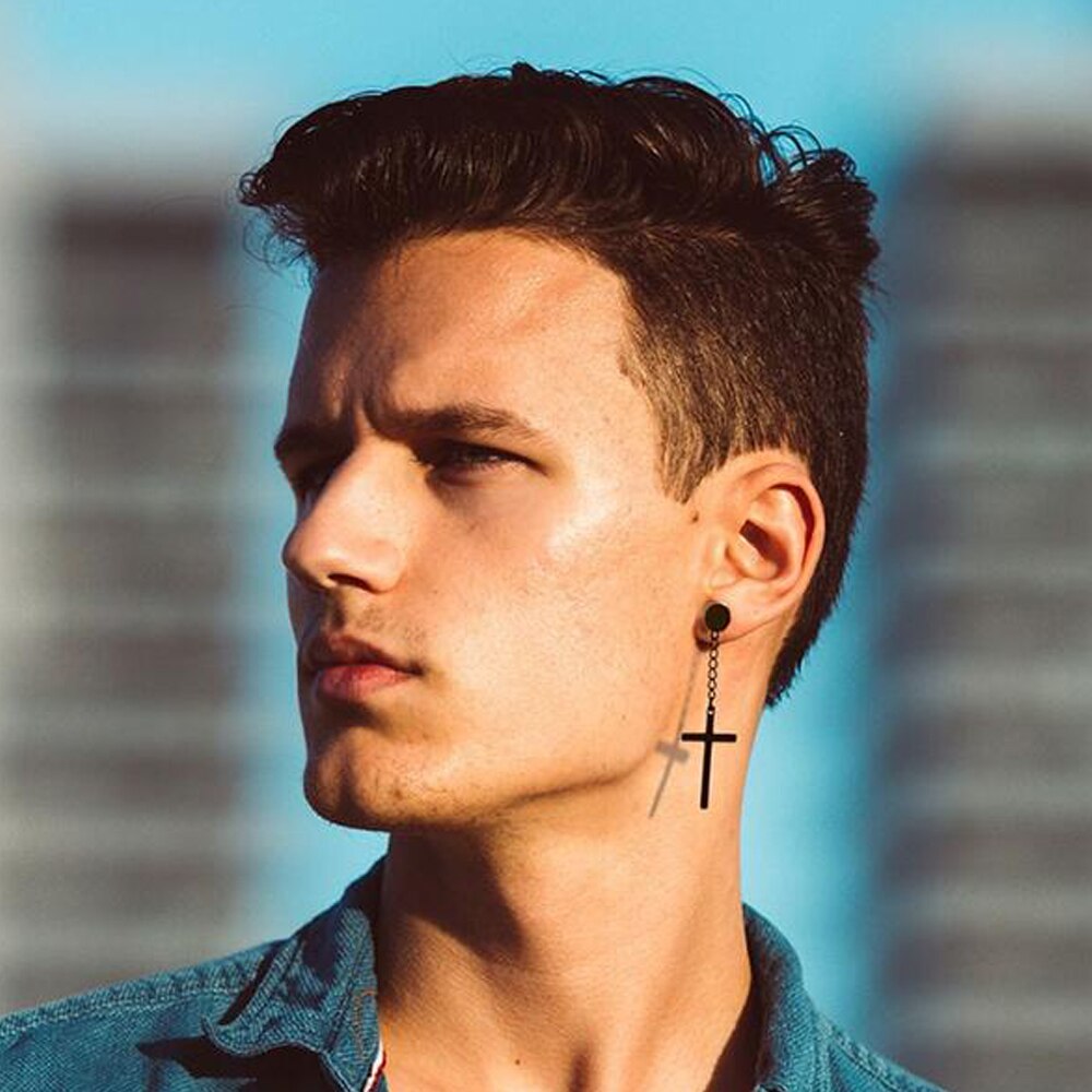 Punk Gothic Stainless Steel Stud Earring | Cross & Round Fake Ear Taper | Black, Gold, Silver