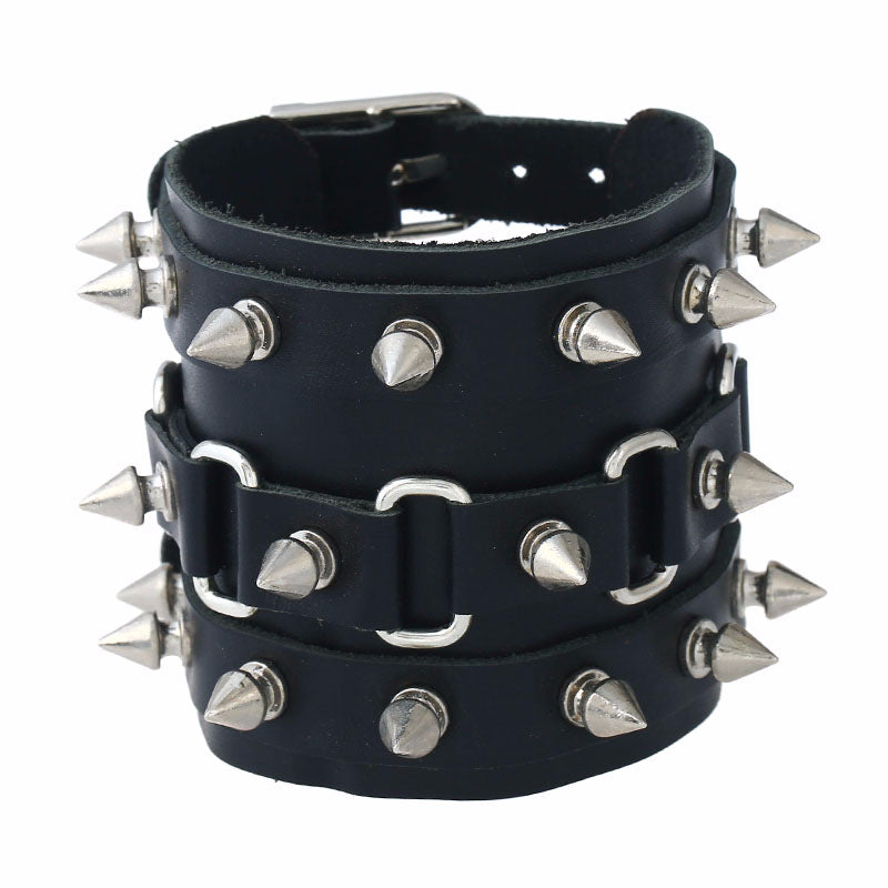 Exaggerated Punk Genuine Leather Bracelet | Handmade Wide Cuff